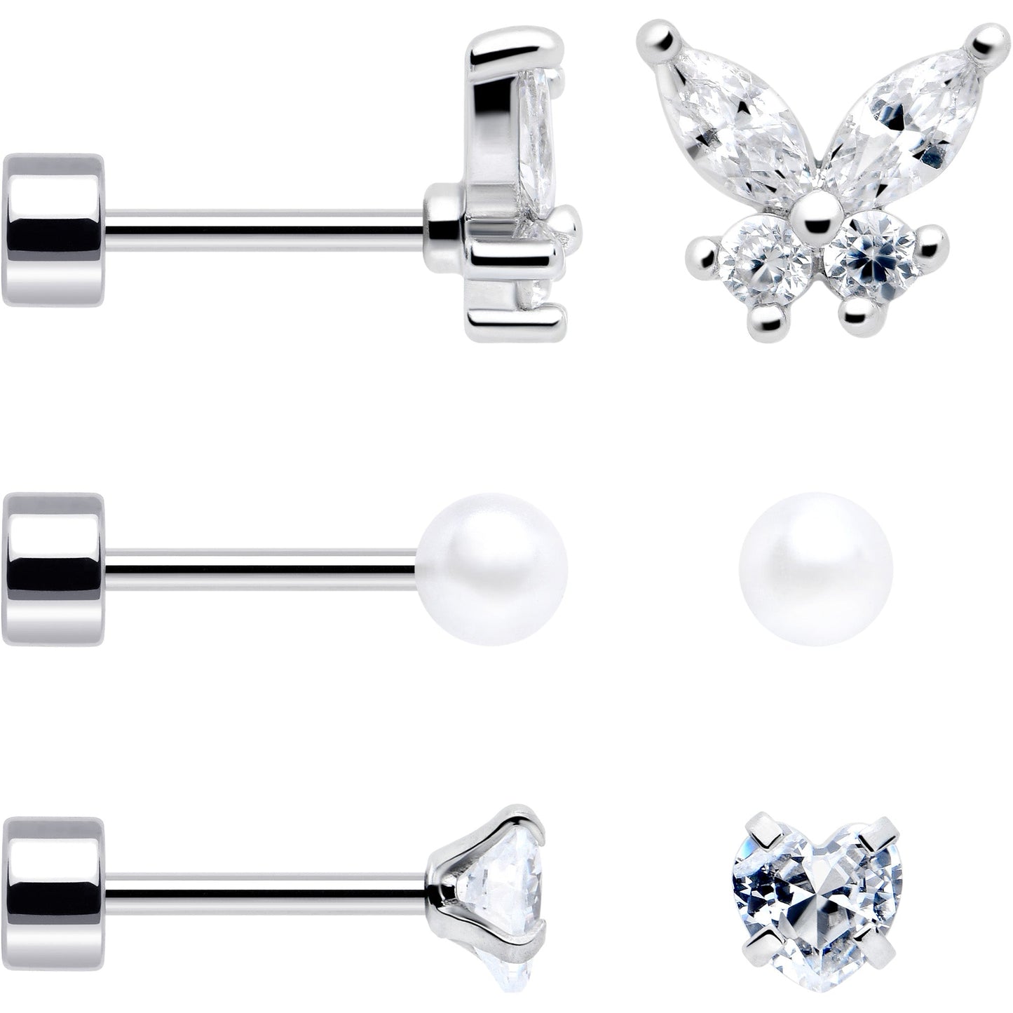 20G Clear Gem White Orb Butterfly Flatback Earring Set of 6 BodyCandy