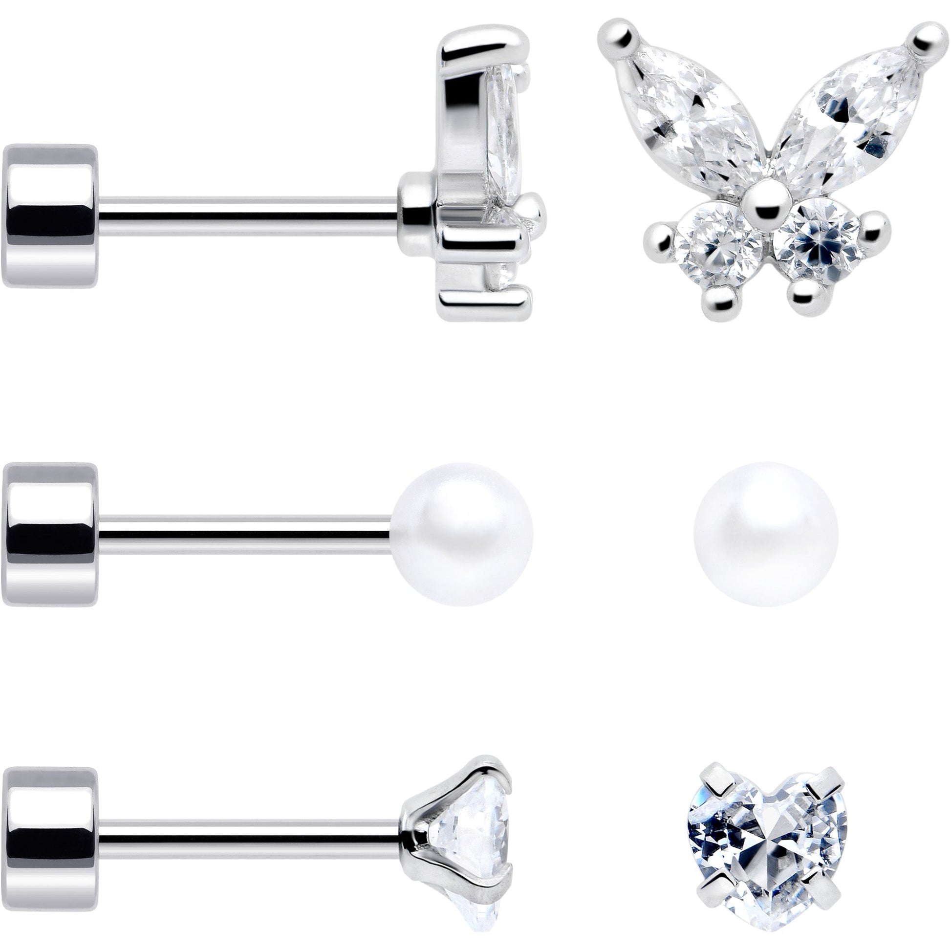 20G Clear Gem White Orb Butterfly Flatback Earring Set of 6 BodyCandy