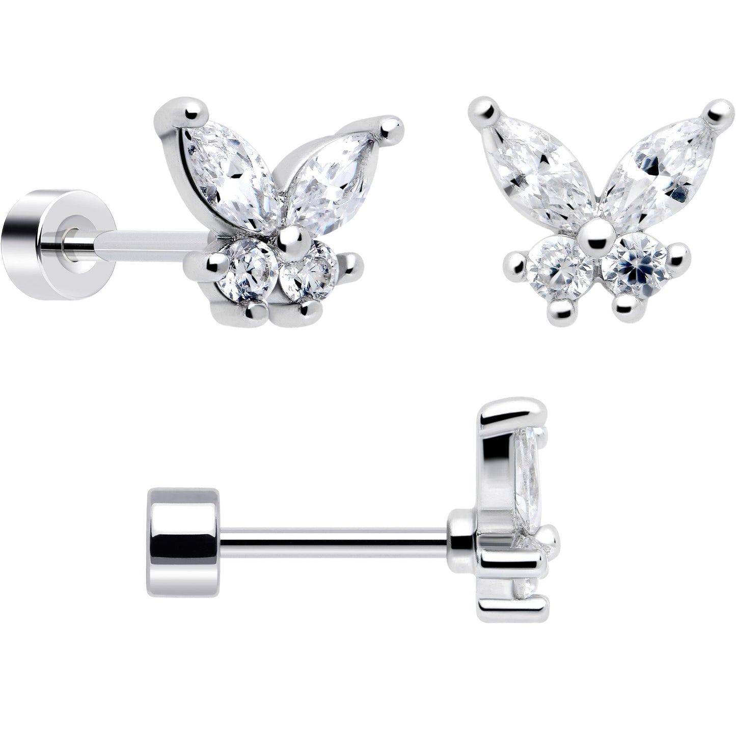 20G Clear Gem White Orb Butterfly Flatback Earring Set of 6 BodyCandy
