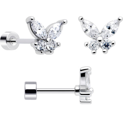 20G Clear Gem White Orb Butterfly Flatback Earring Set of 6 BodyCandy
