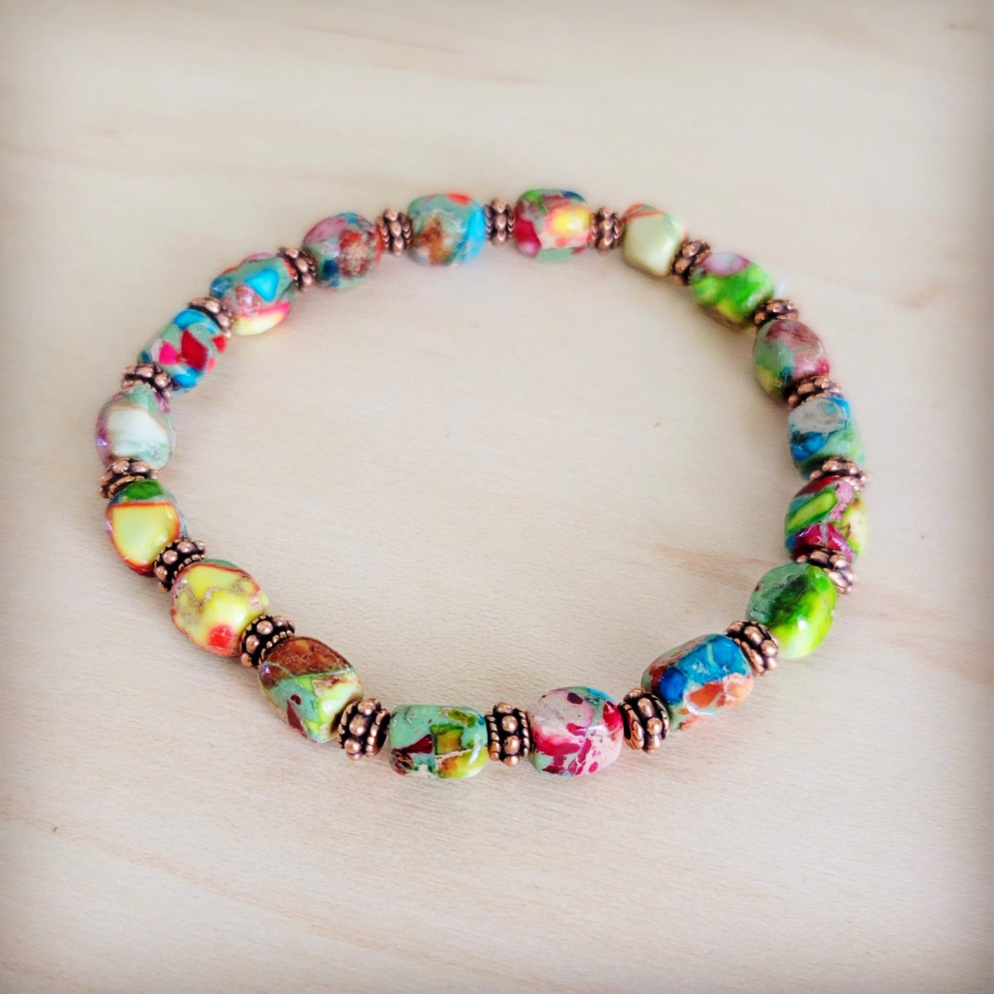 Genuine Regalite and Copper Stretch Beaded Bracelet Multi 812L