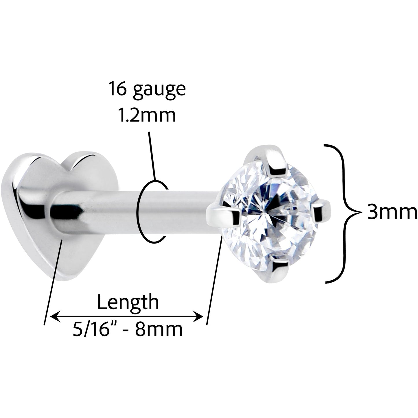 16G 5/16 Clear CZ Implant Grade Titanium Threadless Reversible Heart Flatback Stud BodyCandy
