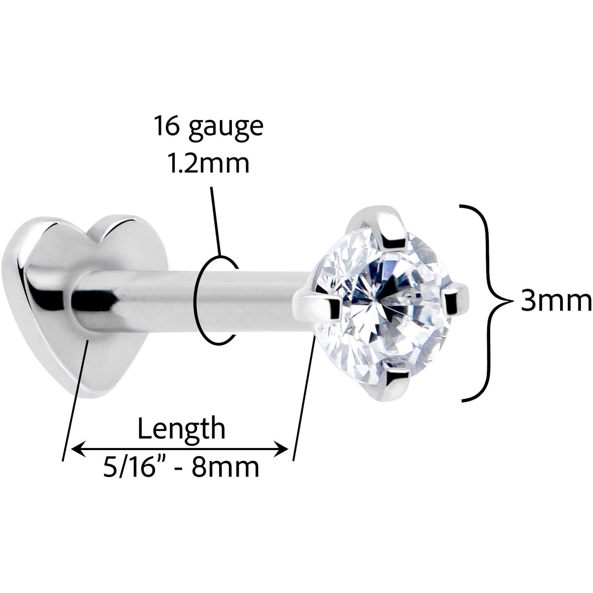 16G 5/16 Clear CZ Implant Grade Titanium Threadless Reversible Heart Flatback Stud BodyCandy