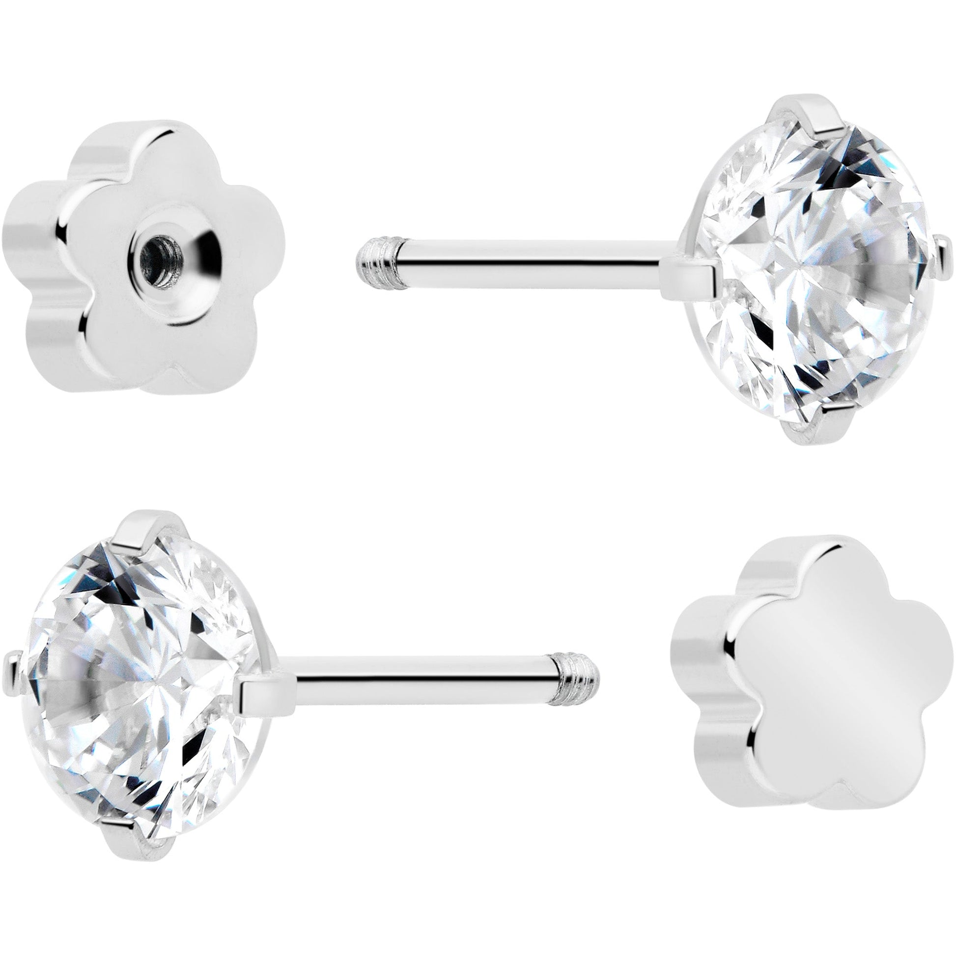 20G Clear CZ Gem Reversible Flower Flat Back Earring Set of 6 BodyCandy