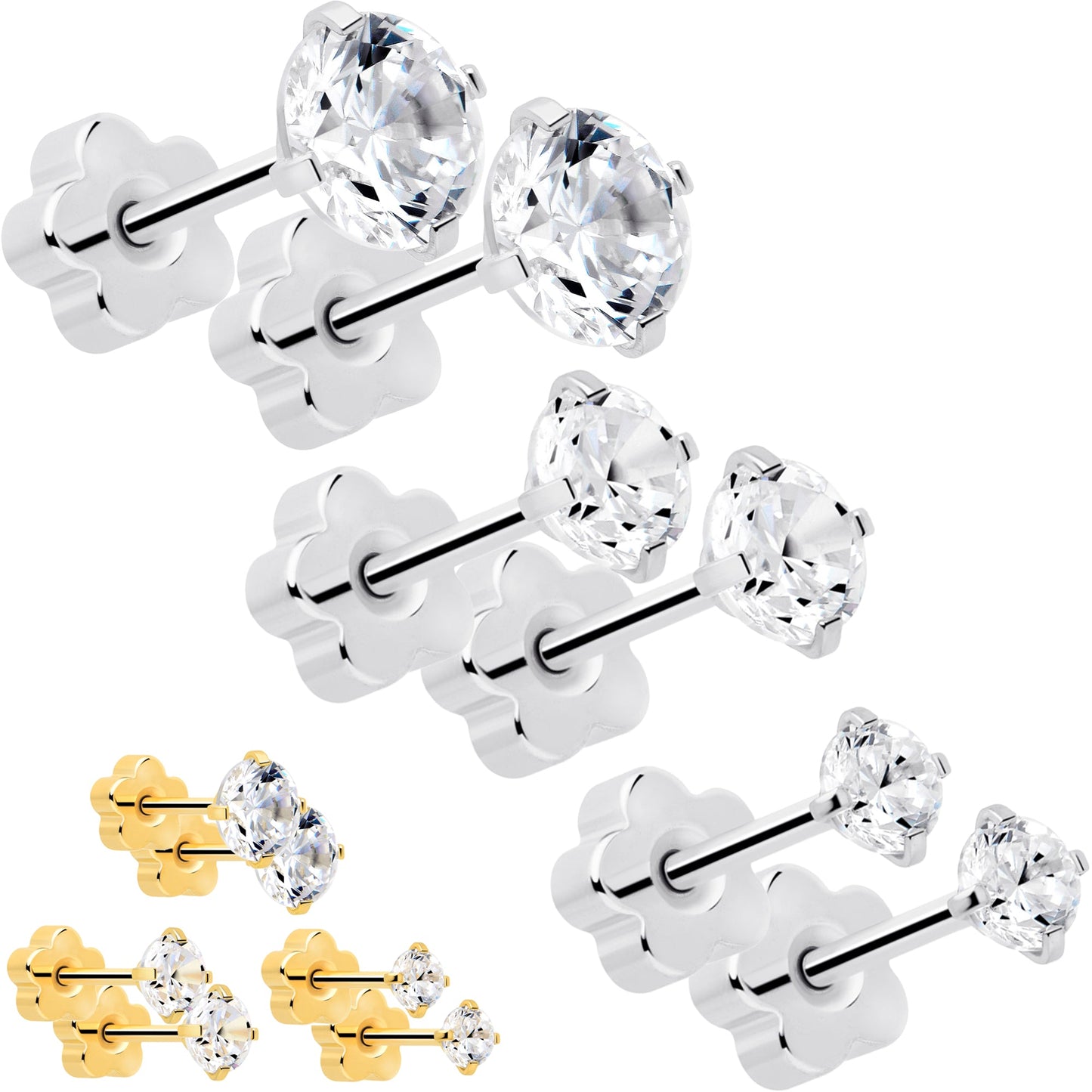 20G Clear CZ Gem Reversible Flower Flat Back Earring Set of 6 BodyCandy