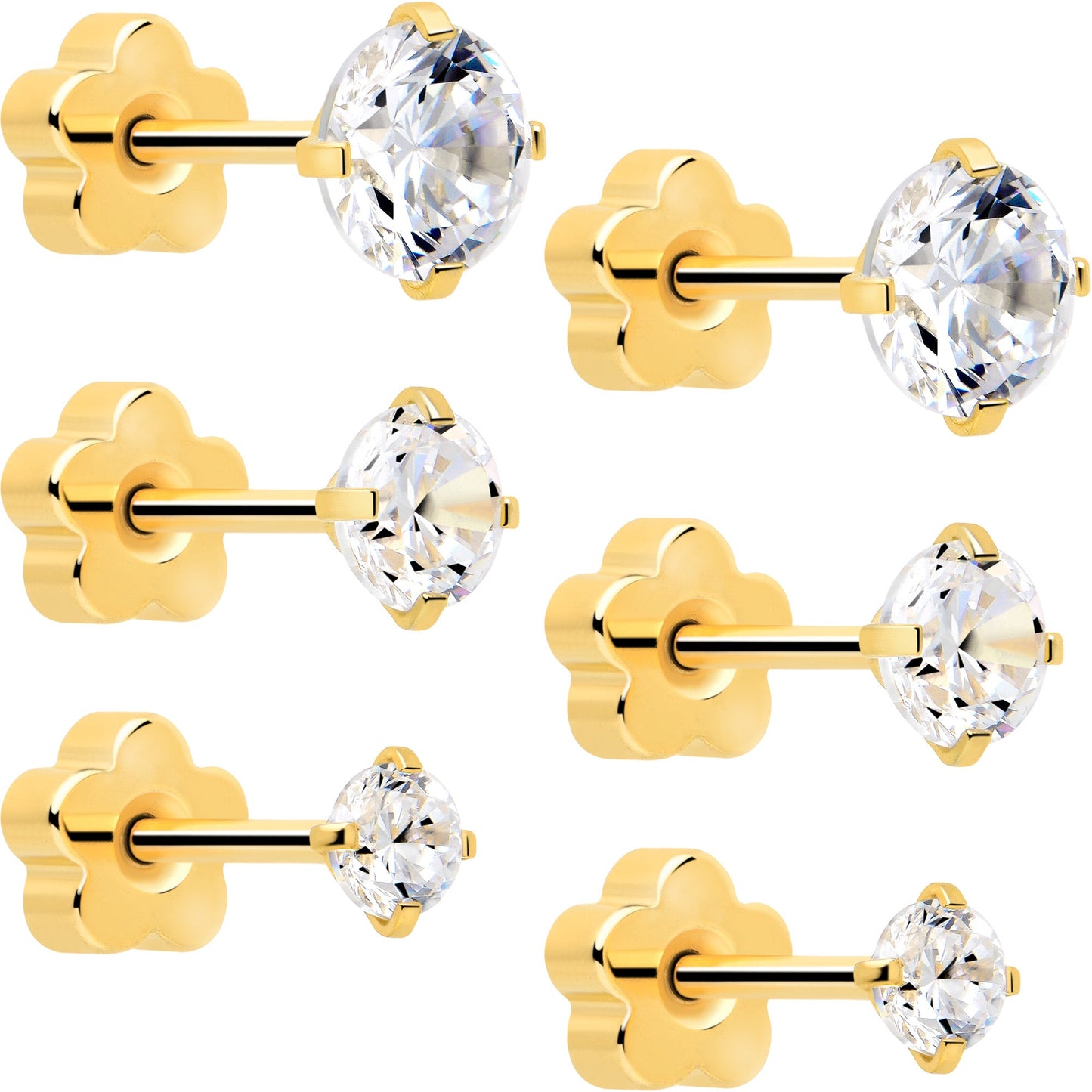 20G Clear CZ Gem Reversible Flower Flat Back Earring Set of 6 BodyCandy