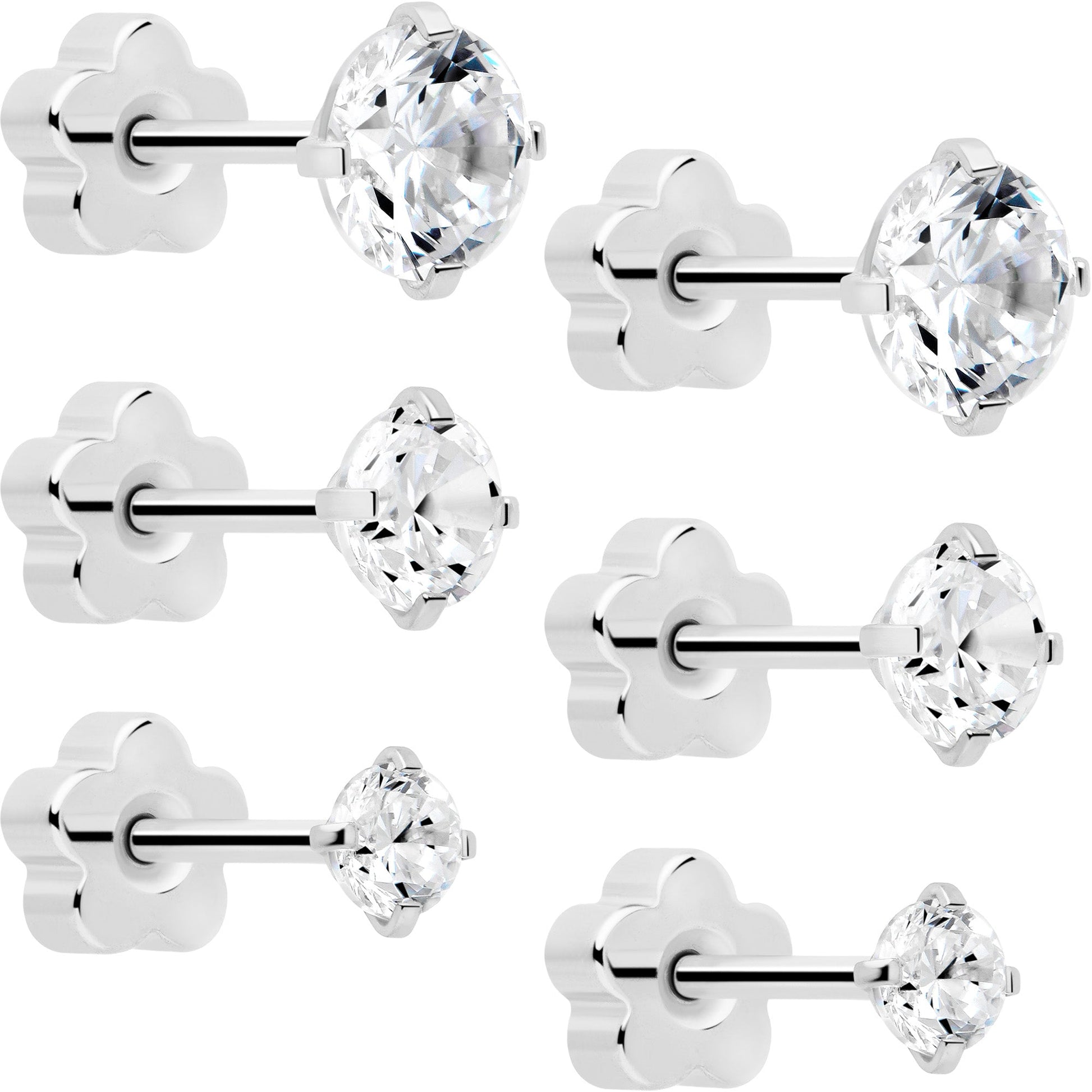 20G Clear CZ Gem Reversible Flower Flat Back Earring Set of 6 BodyCandy