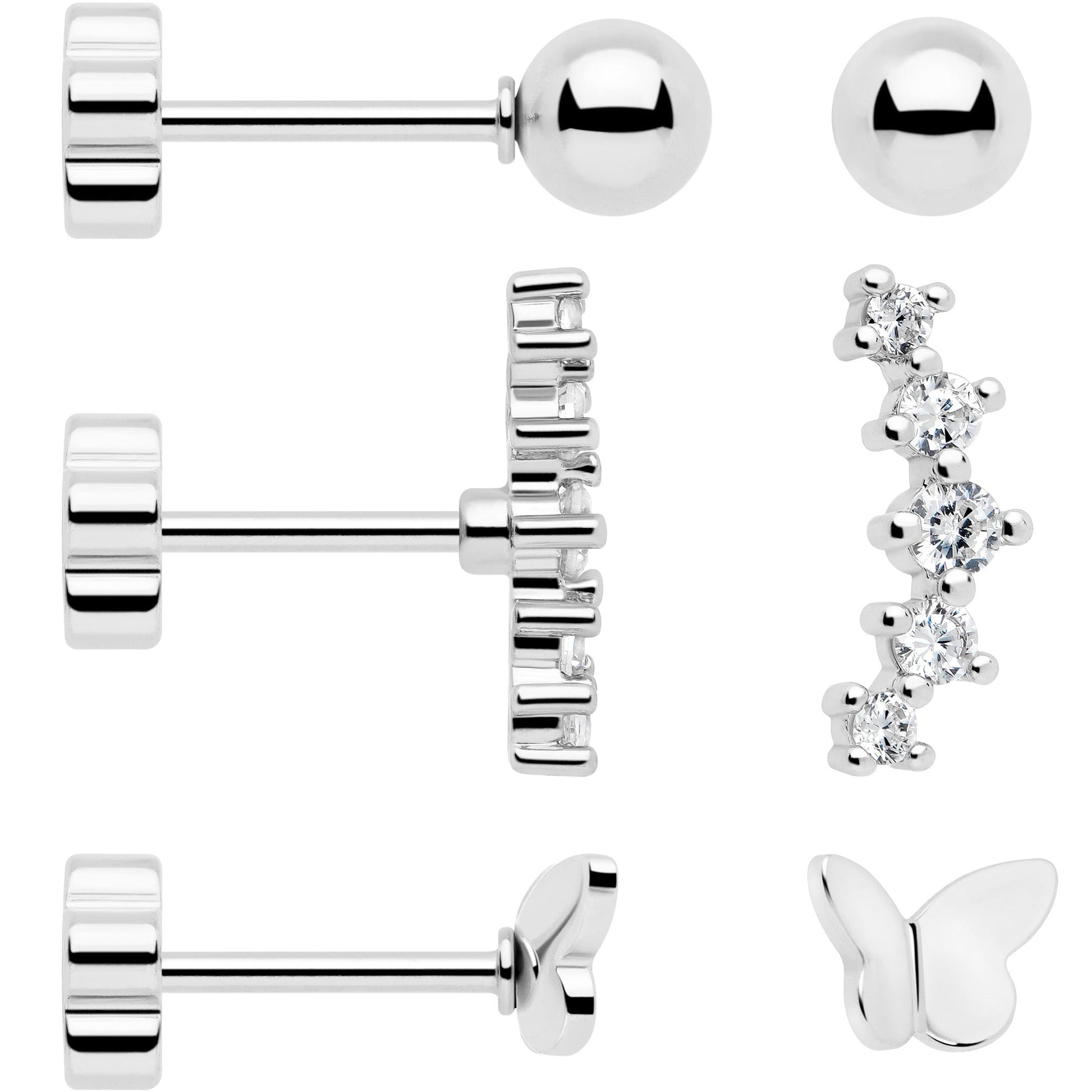 20G CZ Gem Ball Arch Butterfly Reversible Flower Flat Back Earring Set of 6 BodyCandy