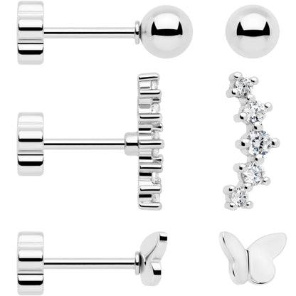 20G CZ Gem Ball Arch Butterfly Reversible Flower Flat Back Earring Set of 6 BodyCandy