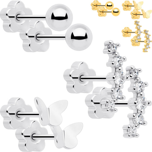 20G CZ Gem Ball Arch Butterfly Reversible Flower Flat Back Earring Set of 6 BodyCandy