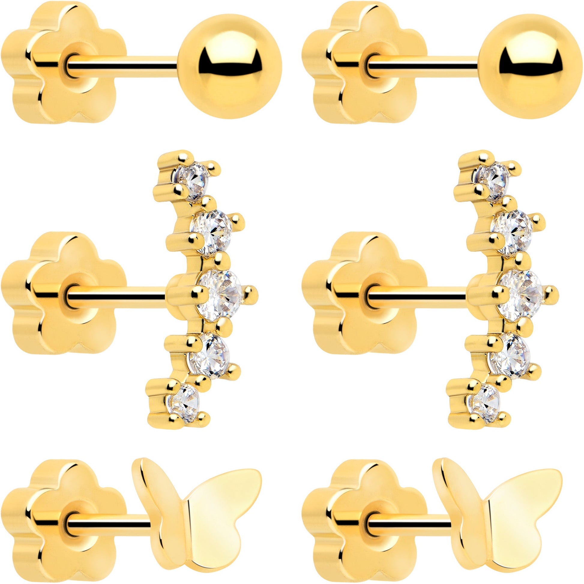 20G CZ Gem Ball Arch Butterfly Reversible Flower Flat Back Earring Set of 6 BodyCandy