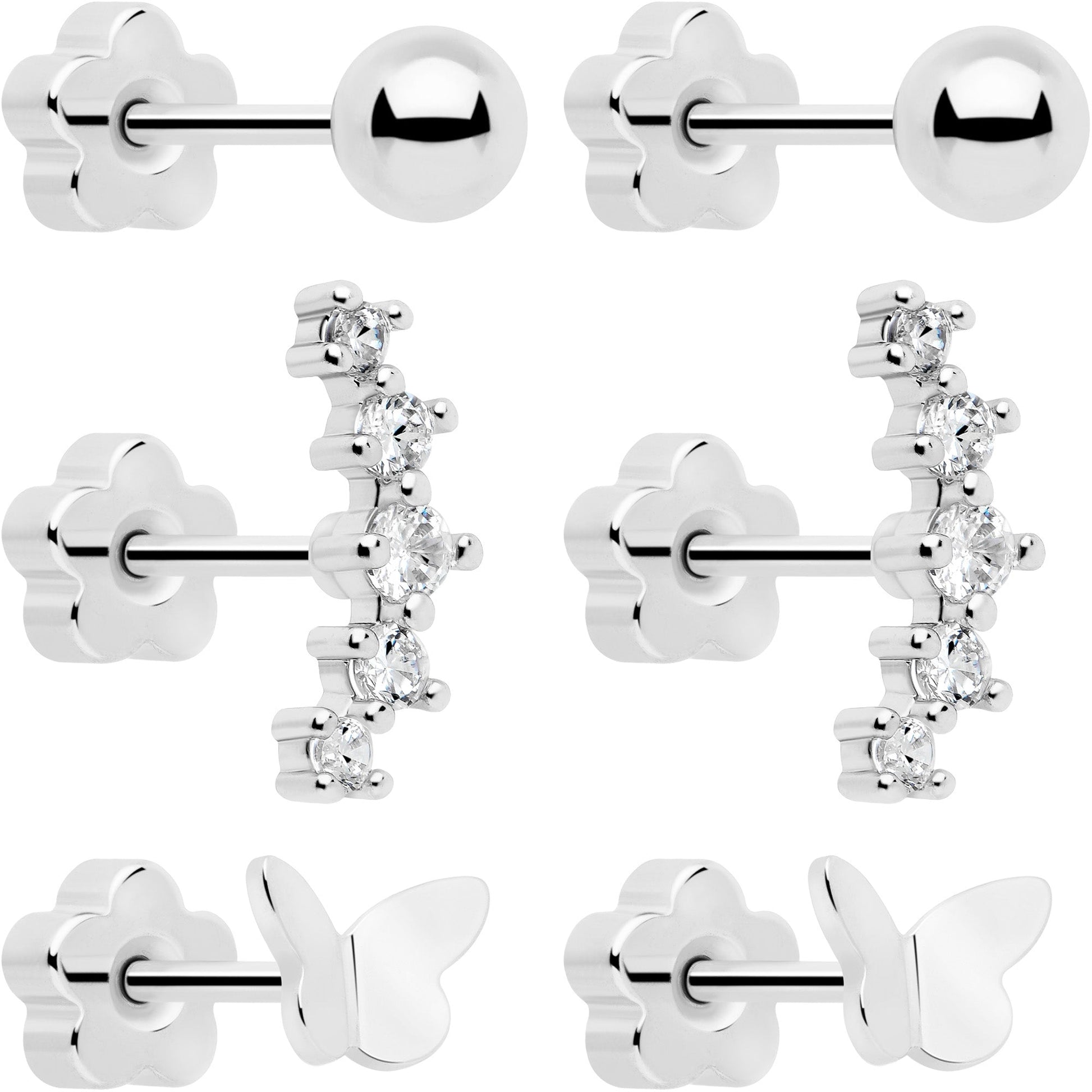 20G CZ Gem Ball Arch Butterfly Reversible Flower Flat Back Earring Set of 6 BodyCandy
