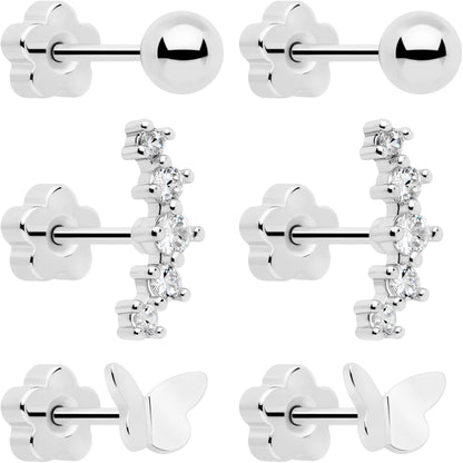 20G CZ Gem Ball Arch Butterfly Reversible Flower Flat Back Earring Set of 6 BodyCandy
