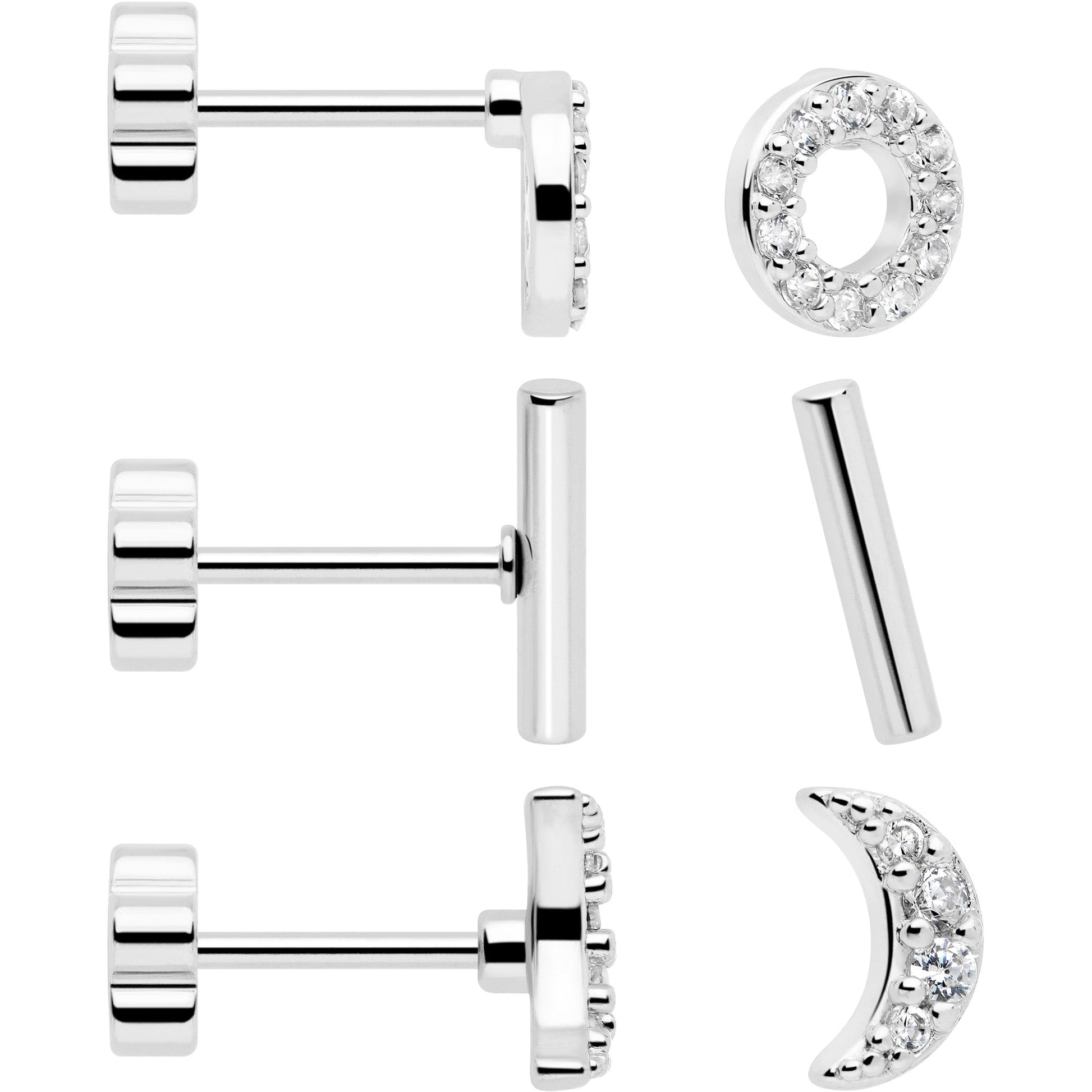 20G Clear CZ Gem Moon Circle Bar Reversible Flower Flat Back Earring Set of 6 BodyCandy