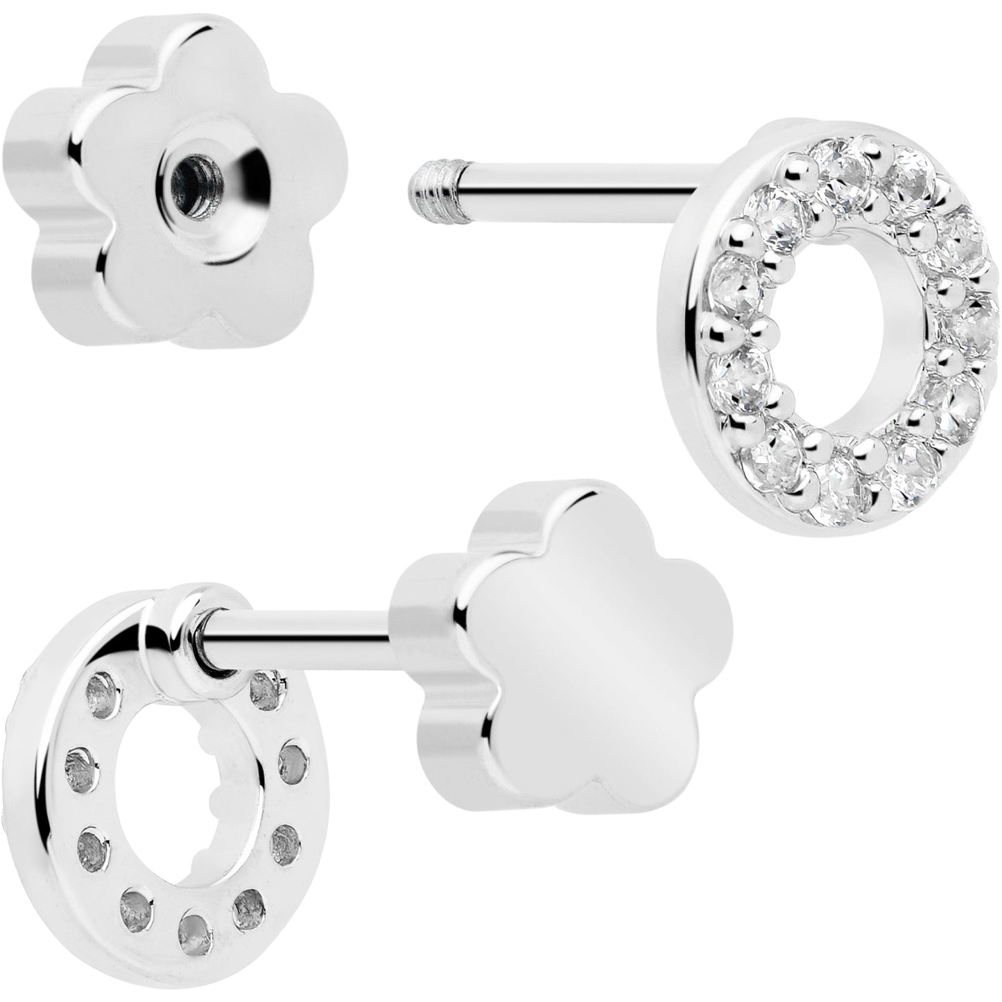 20G Clear CZ Gem Moon Circle Bar Reversible Flower Flat Back Earring Set of 6 BodyCandy