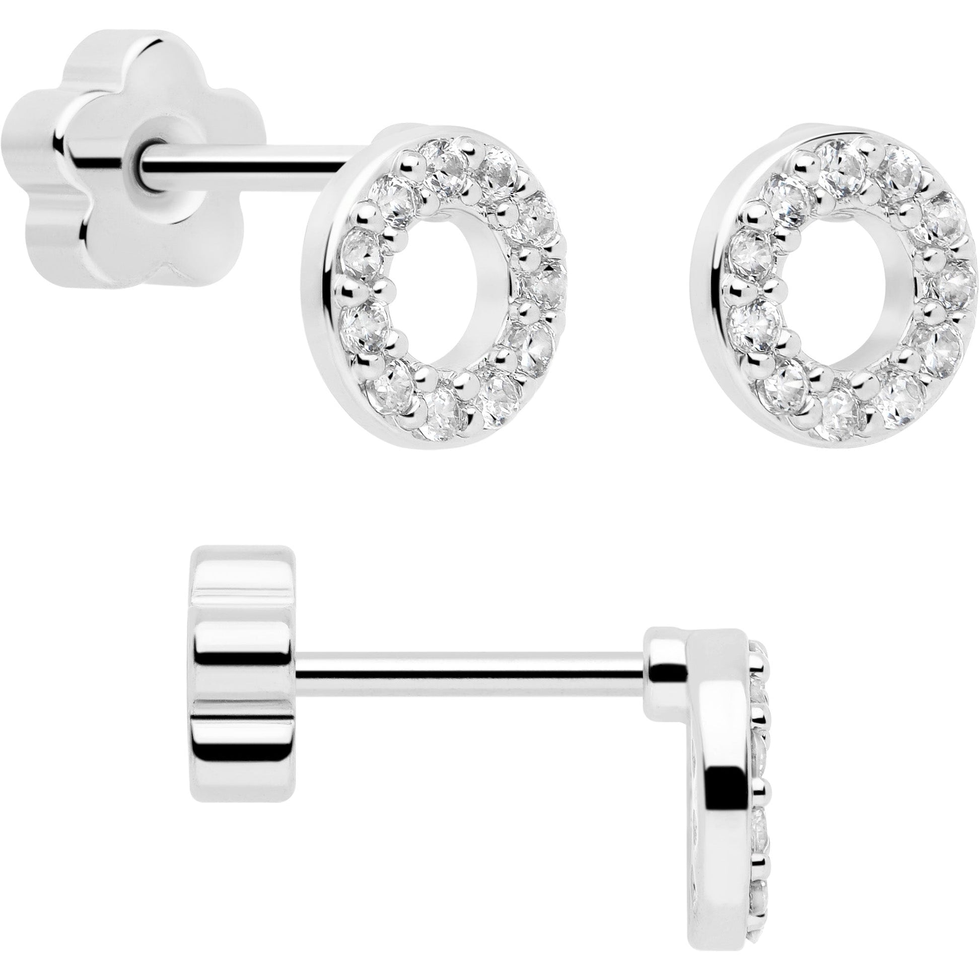 20G Clear CZ Gem Moon Circle Bar Reversible Flower Flat Back Earring Set of 6 BodyCandy