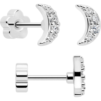 20G Clear CZ Gem Moon Circle Bar Reversible Flower Flat Back Earring Set of 6 BodyCandy