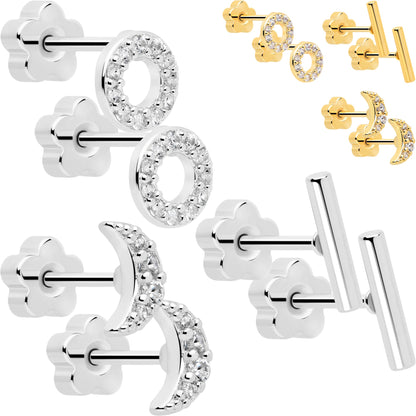 20G Clear CZ Gem Moon Circle Bar Reversible Flower Flat Back Earring Set of 6 BodyCandy