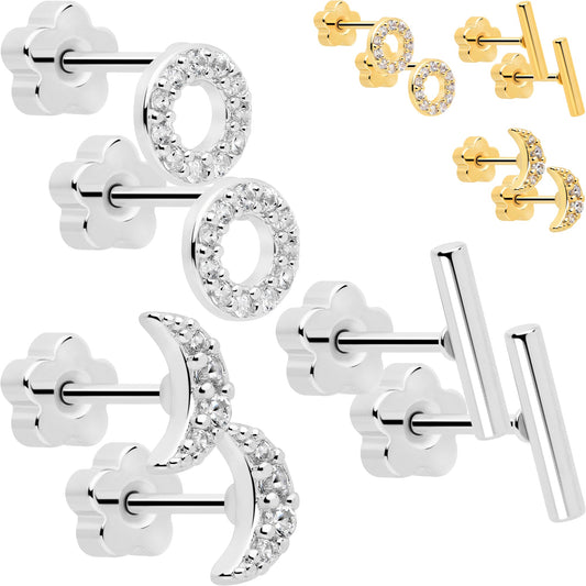 20G Clear CZ Gem Moon Circle Bar Reversible Flower Flat Back Earring Set of 6 BodyCandy