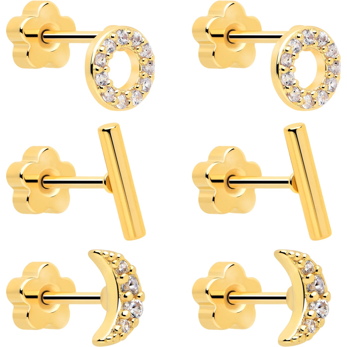 20G Clear CZ Gem Moon Circle Bar Reversible Flower Flat Back Earring Set of 6 BodyCandy