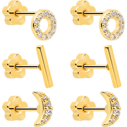 20G Clear CZ Gem Moon Circle Bar Reversible Flower Flat Back Earring Set of 6 BodyCandy
