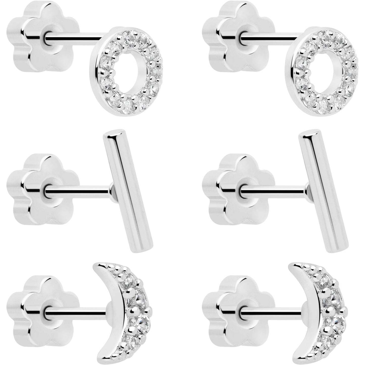 20G Clear CZ Gem Moon Circle Bar Reversible Flower Flat Back Earring Set of 6 BodyCandy