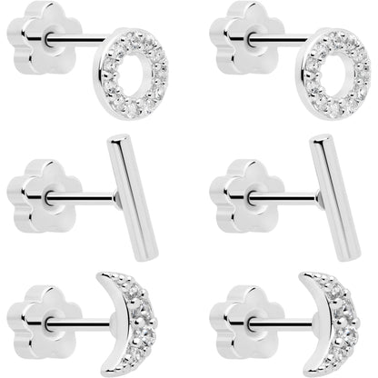 20G Clear CZ Gem Moon Circle Bar Reversible Flower Flat Back Earring Set of 6 BodyCandy
