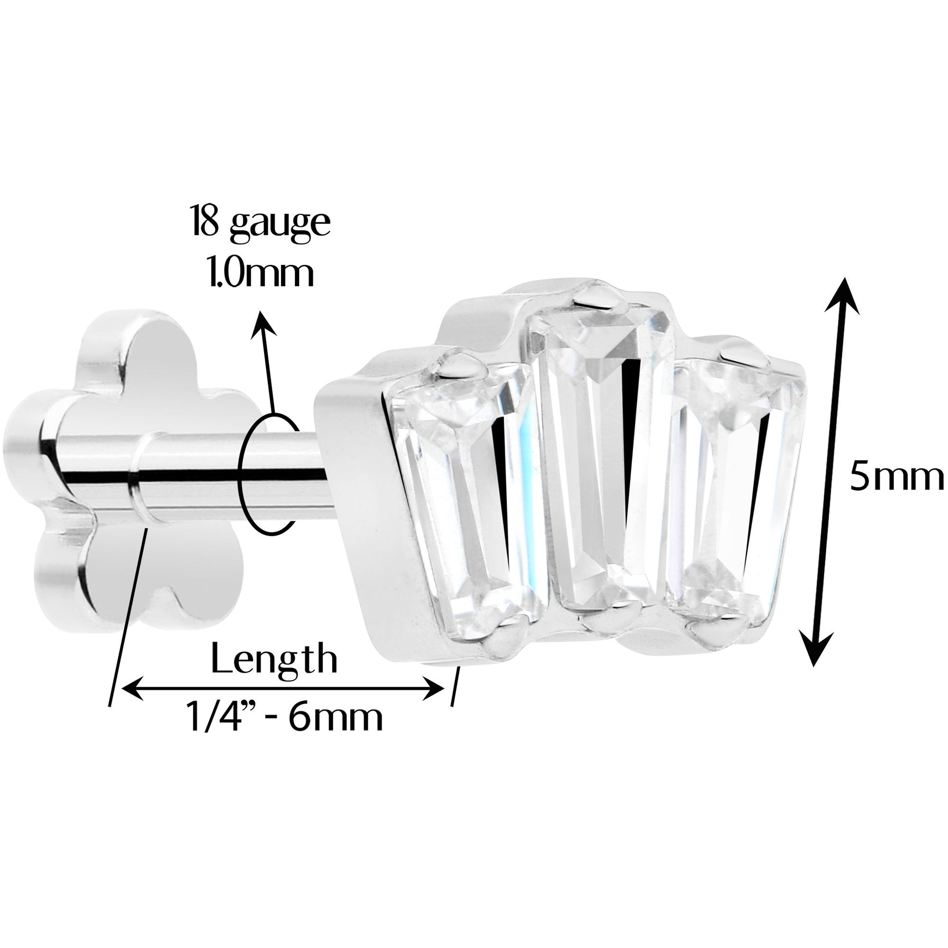 18G 1/4 Clear Gem Implant Grade Titanium Threadless Flower Reversible Flat Back Earring BodyCandy