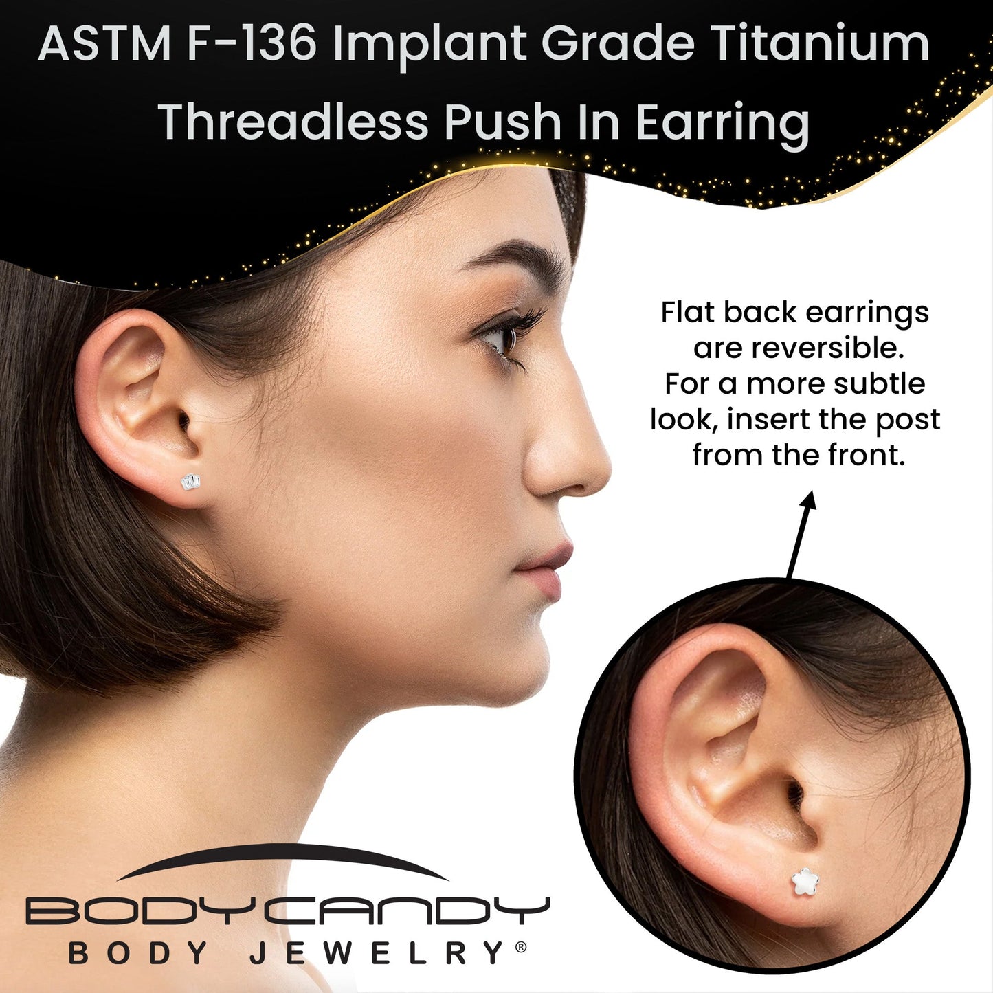 18G 1/4 Clear Gem Implant Grade Titanium Threadless Flower Reversible Flat Back Earring BodyCandy