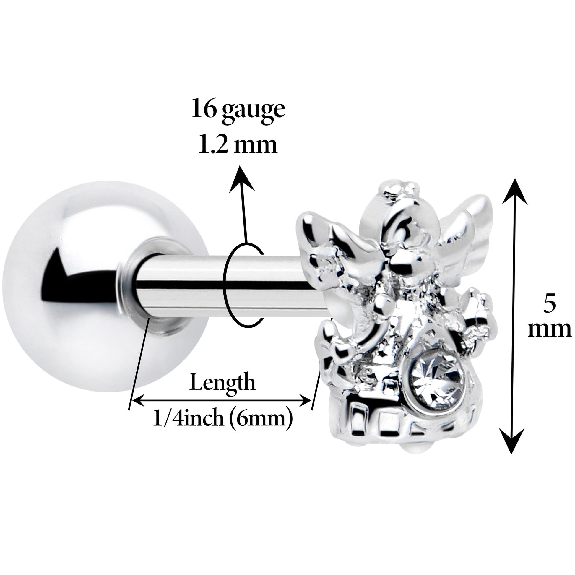 16G 1/4 Clear CZ Gem Fabulous Angel Cartilage Tragus Earring BodyCandy