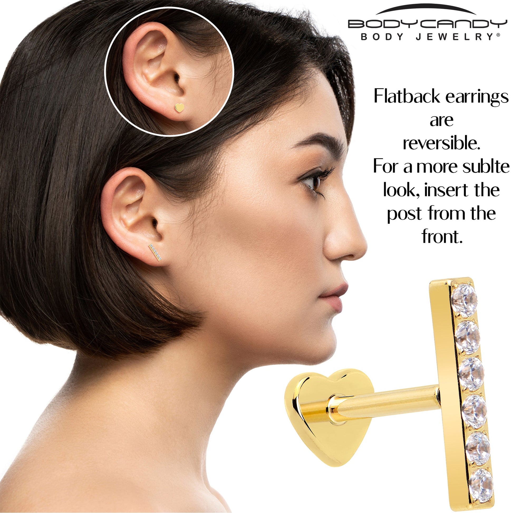 18G 1/4 Clear Gem Gold Plated Implant Grade Titanium Threadless Bar Flatback Stud BodyCandy