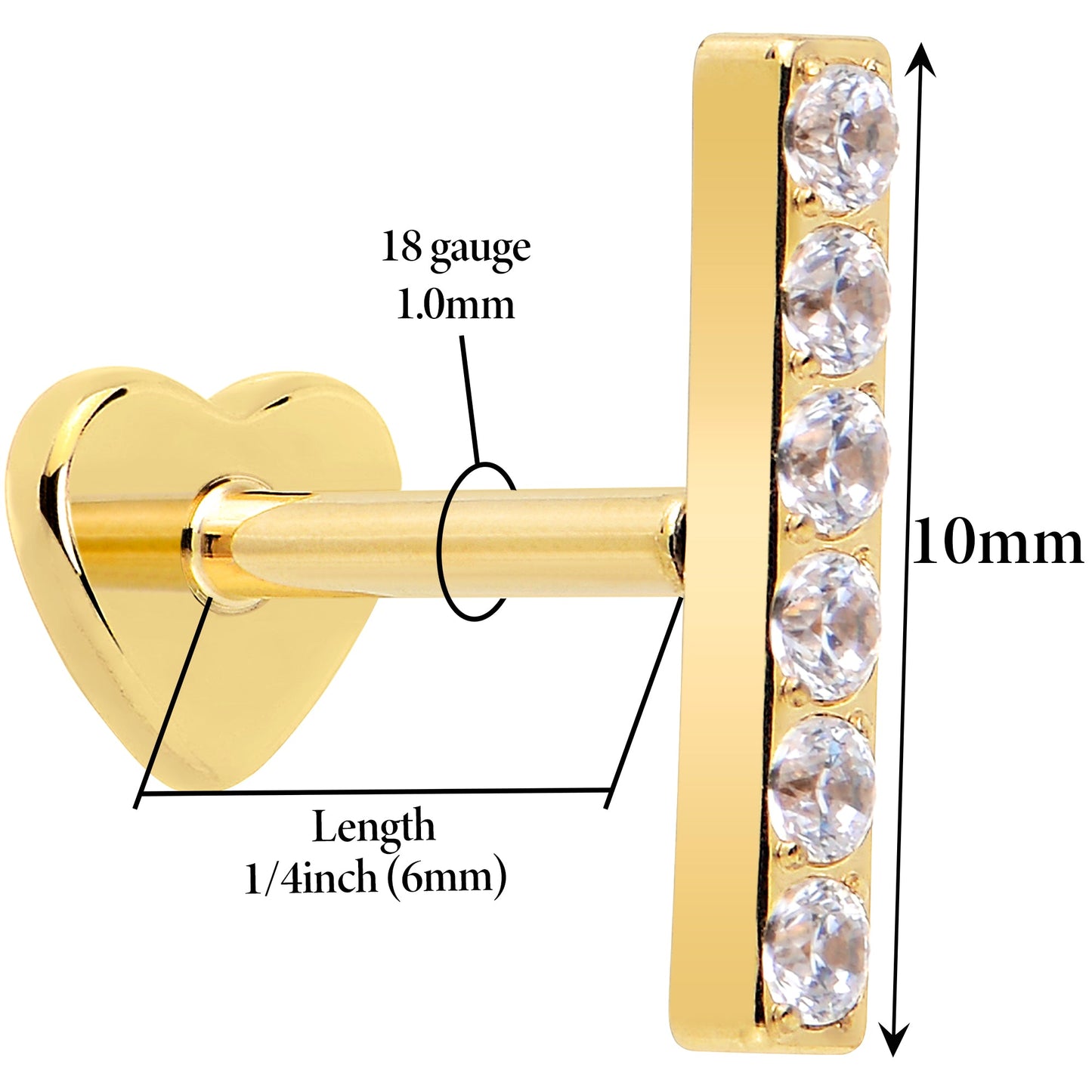 18G 1/4 Clear Gem Gold Plated Implant Grade Titanium Threadless Bar Flatback Stud BodyCandy