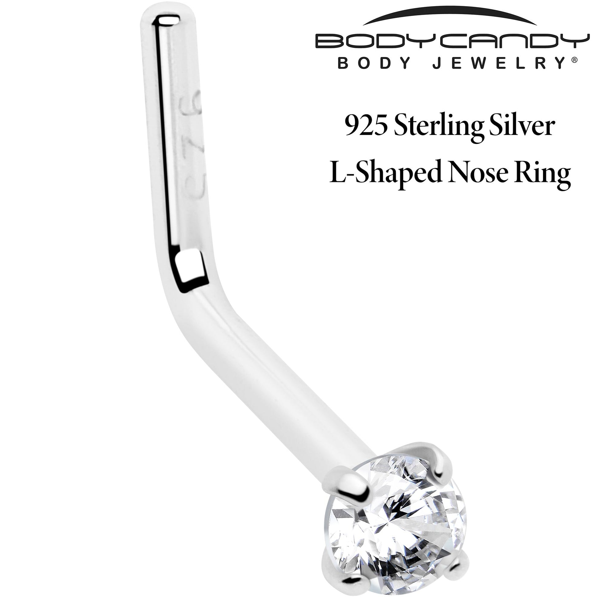 20G Gold Plated 925 Sterling Silver 2mm CZ L-Shape Nose Ring BodyCandy