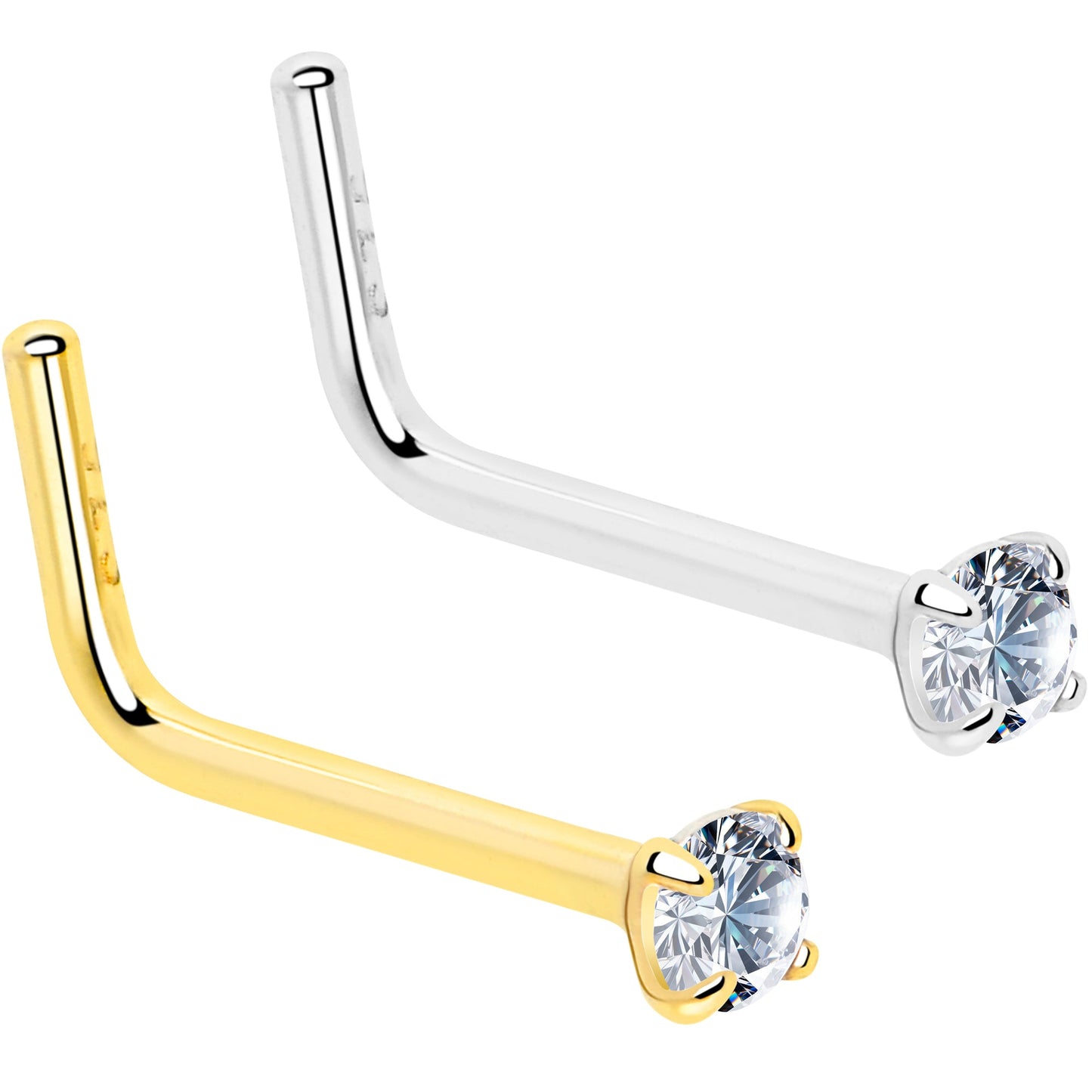 20G Gold Plated 925 Sterling Silver 2mm CZ L-Shape Nose Ring BodyCandy