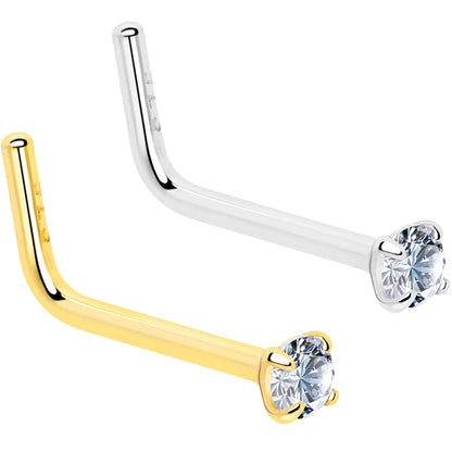 20G Gold Plated 925 Sterling Silver 2mm CZ L-Shape Nose Ring BodyCandy