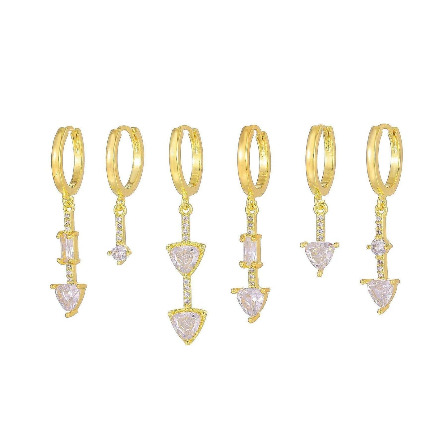 Stacking 6 Pieces Geometric Prism Drops Earring Set, 18k Gold Hoop with Drops, S925 Needle, Stacked Lobe Designs with Dazzling Zirconia
