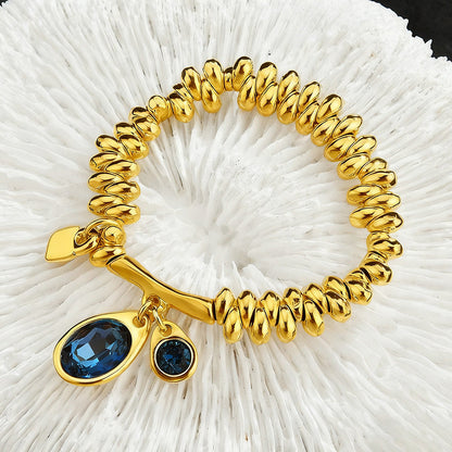 Twisted Gold Bead Blue Zircon Charm Bracelet For Women, Oval & Round Ocean Blue Cubic Zirconia Dainty Luxury Fashion Jewelry