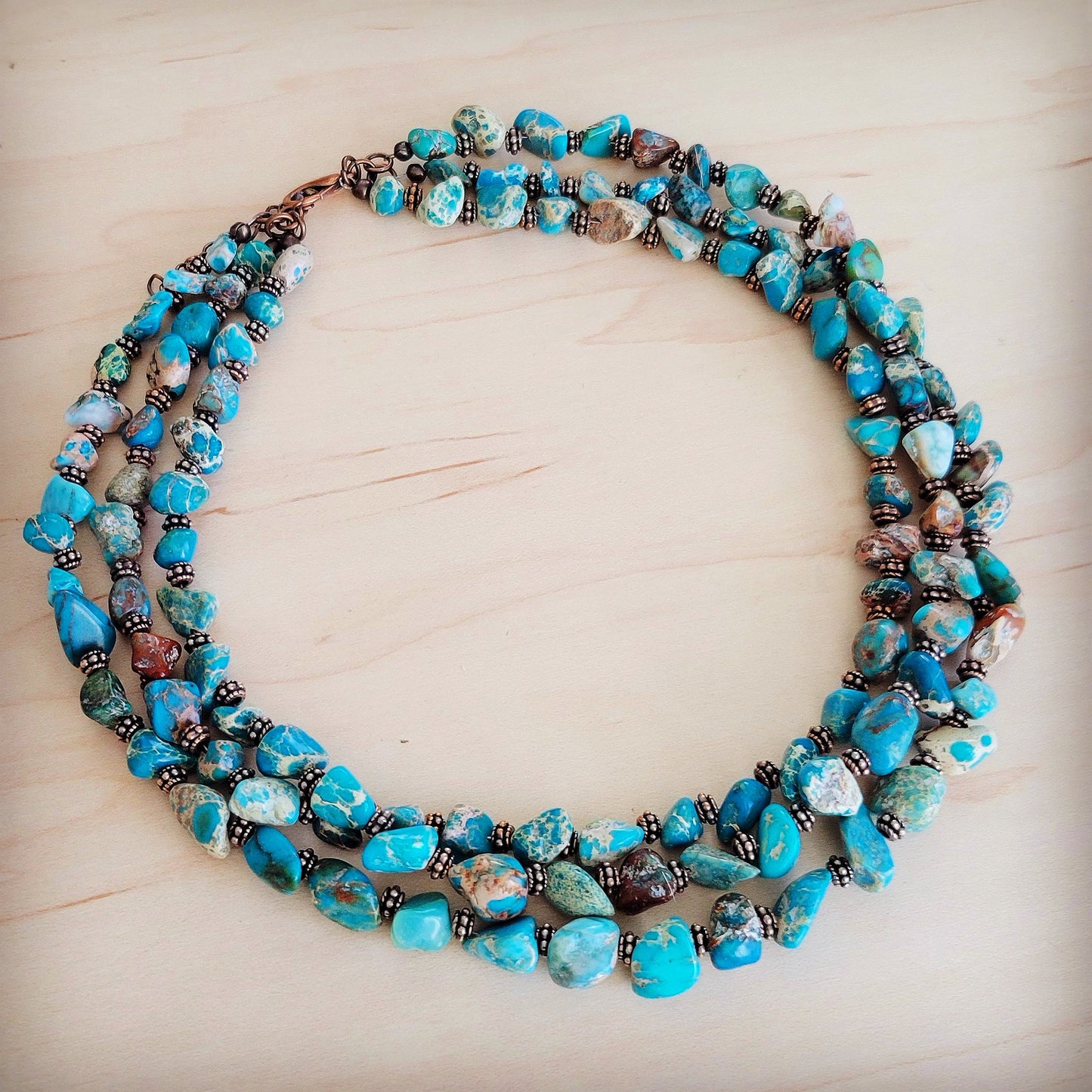 Triple Strand Genuine Regalite Beaded Collar Necklace with copper 263n