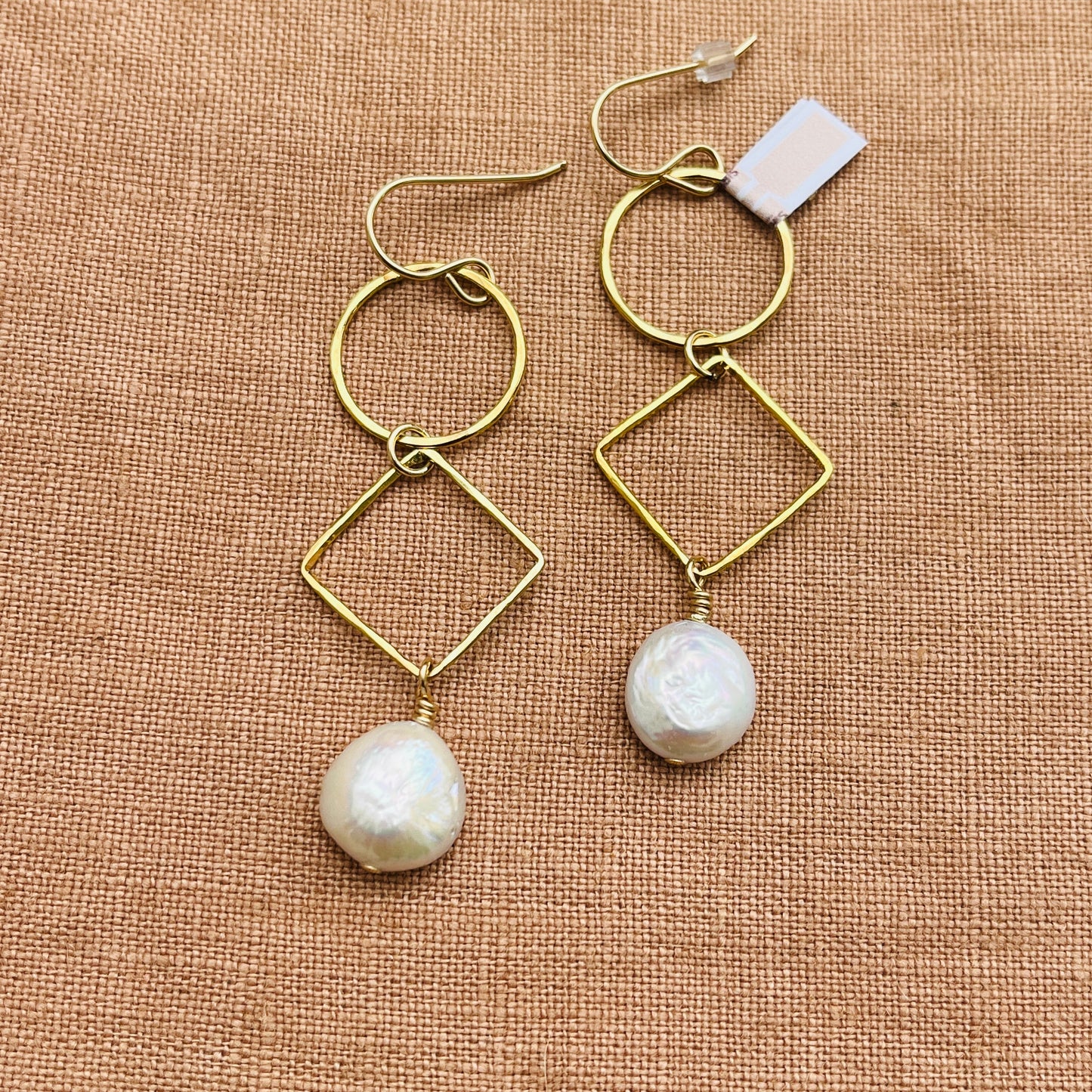 14k gold filled CIRCLE AND DIAMOND DANGLE COIN PEARL EARRINGS