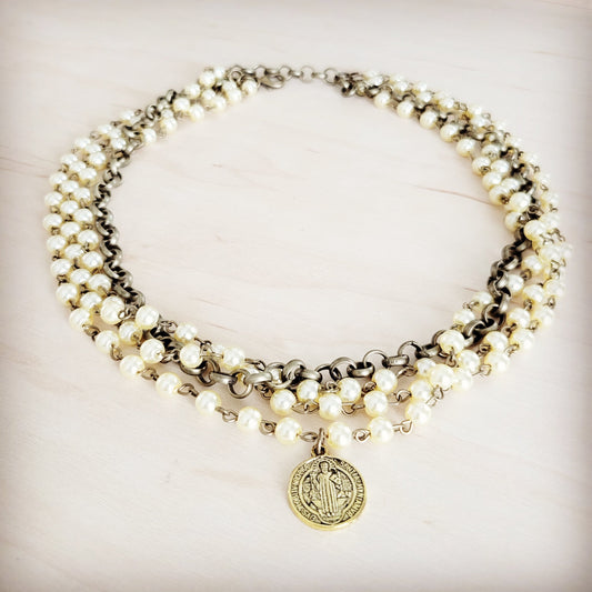 **Champagne Pearl Beaded Collar Necklace w/ Pendant 263x