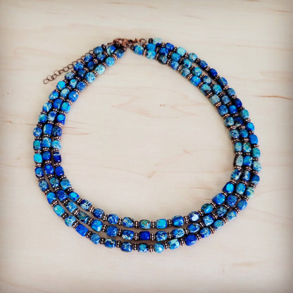 Triple Strand Layered Boho Denim Regalite Necklace 264k