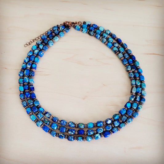 **Triple Strand Layered Boho Denim Regalite Necklace 264k