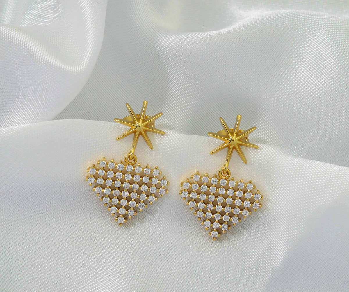 Pave Gold Heart Star Stud Everyday Earrings, Sku#Y695