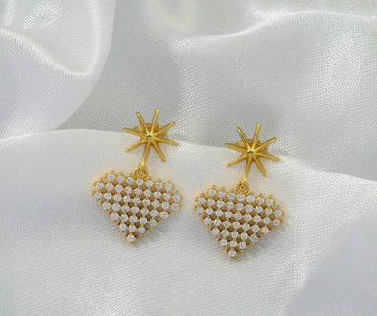 Pave Gold Heart Star Stud Everyday Earrings, Sku#Y695