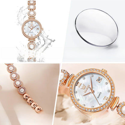 Women's Gold Pearl Bracelet Watch Quartz Date Elegant