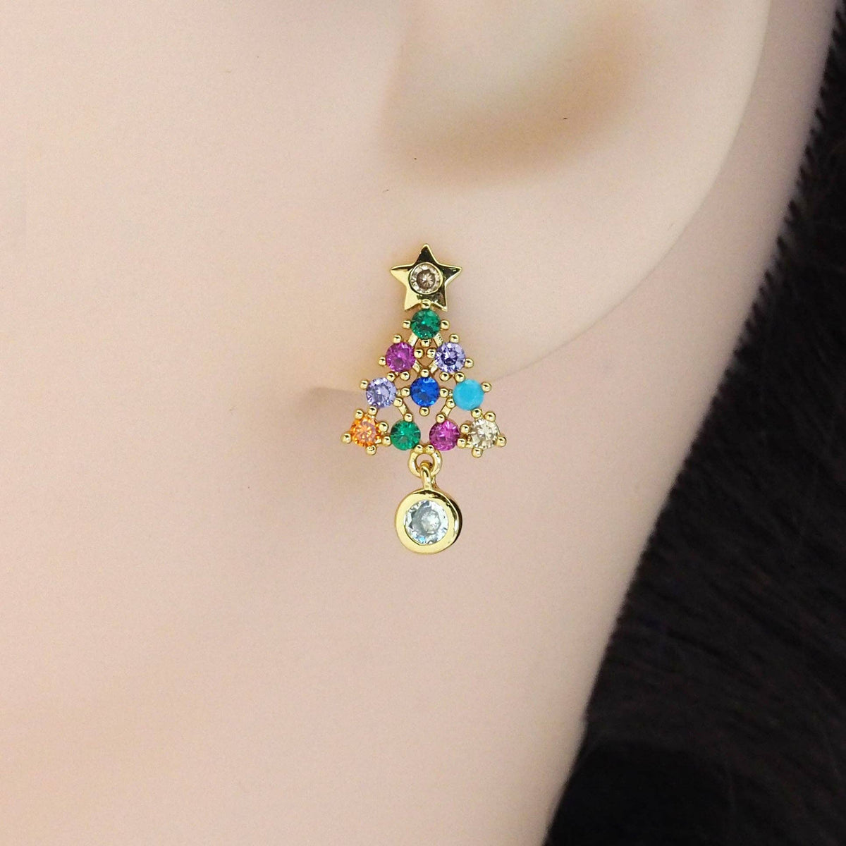 Gold Colorful CZ Christmas Trees Stud Earrings, Sku#Y818