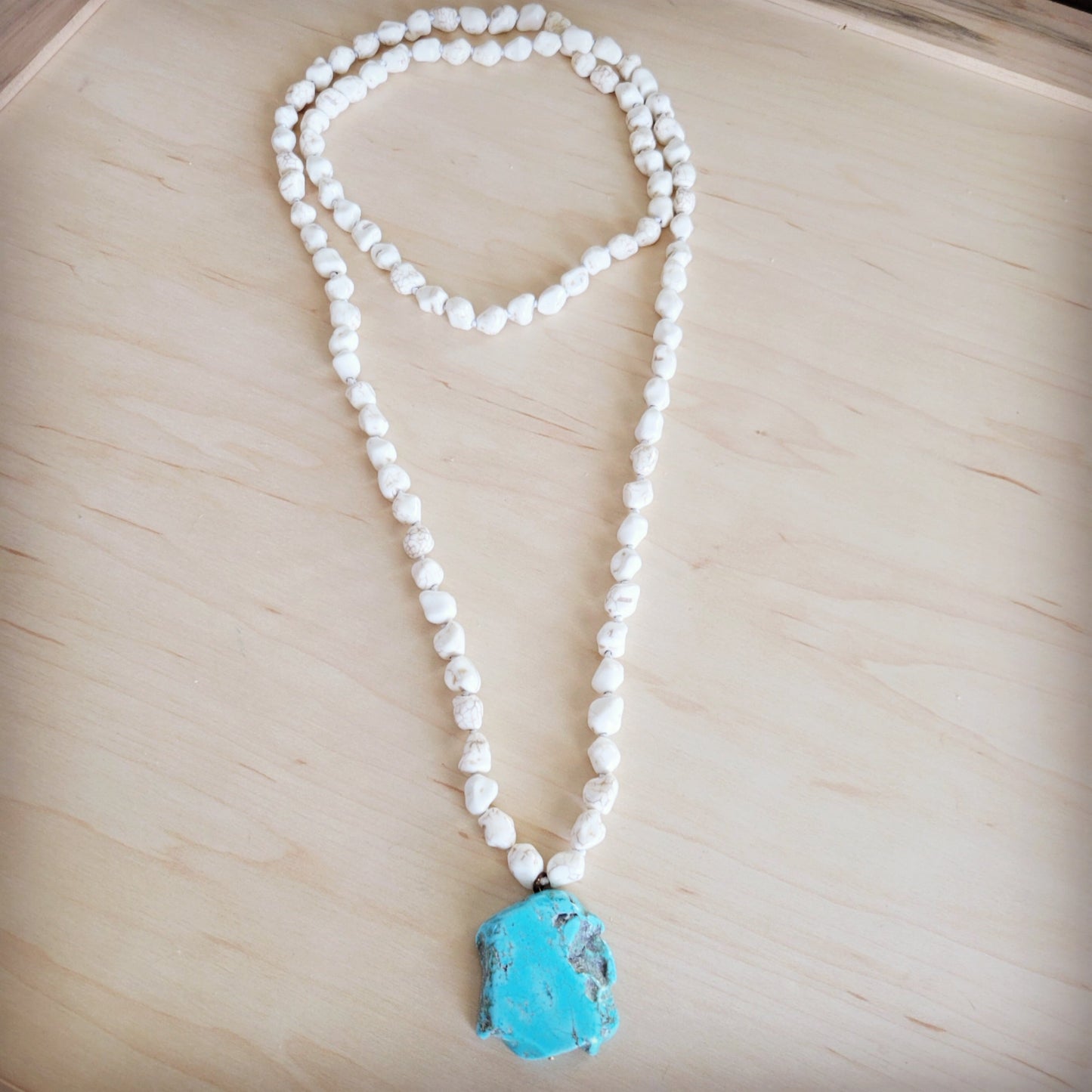 Long White Turquoise Beaded Necklace w/ Turquoise Pendant 263d