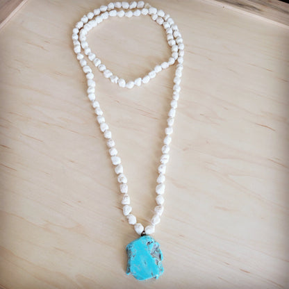 Long White Turquoise Beaded Necklace w/ Turquoise Pendant 263d