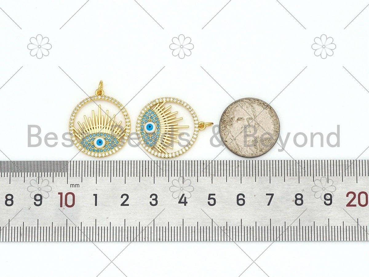 Turquoise CZ Micro Pave Evil Eye On Round Ring Shape Pendant,18K Gold Filled Evil Eye Charm, Necklace Bracelet Charm, 21x24mm,Sku#Y507