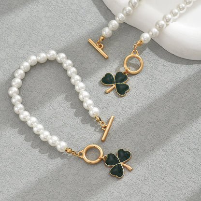 2026 Minimalist Heart Clover Women Jewelry Set, Niche Beaded Design Matching Clavicle Chain & Bracelet, Elegant Daily Matching Accessories